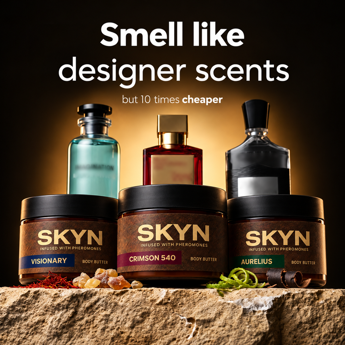 SKYN pheromone body butter jars in Visionary, Crimson 540 and Aurelius — smell like designer scents for less