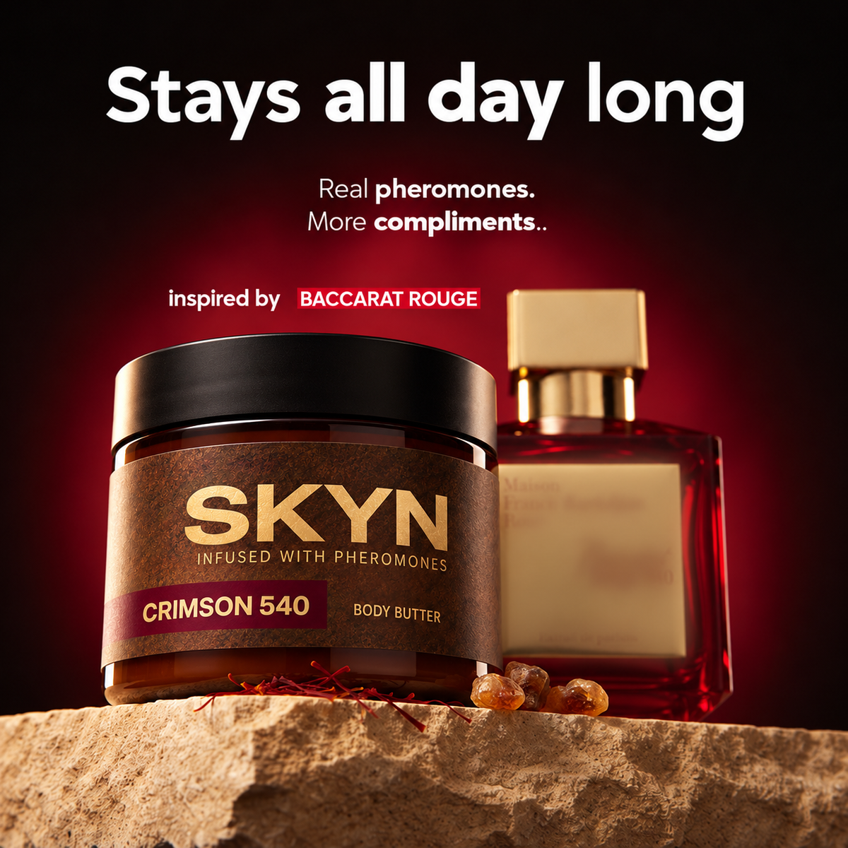 SKYN Crimson 540 pheromone body butter jar, inspired by Baccarat Rouge — scent stays all day
