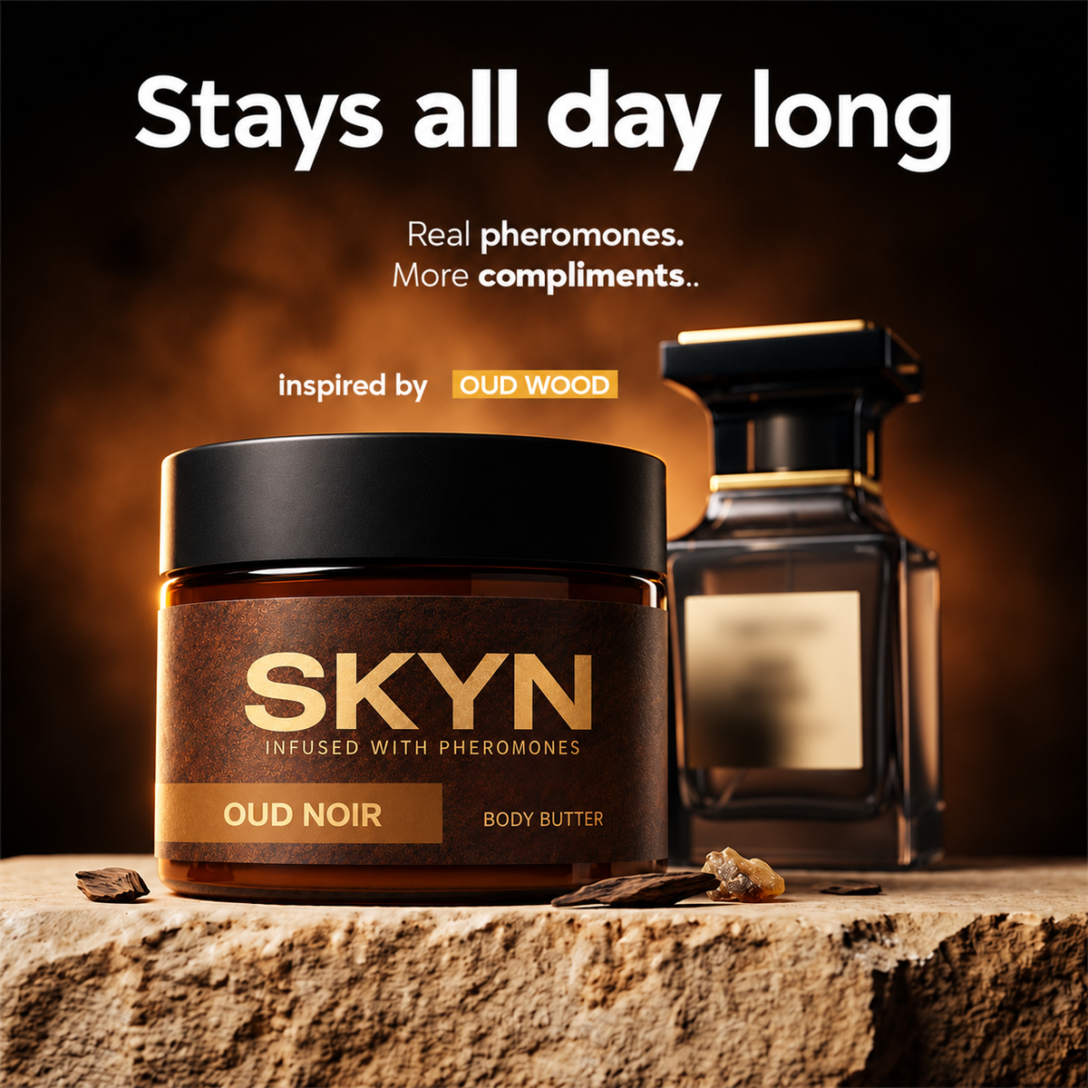 SKYN Oud Noir pheromone body butter jar, inspired by Oud Wood — scent stays all day