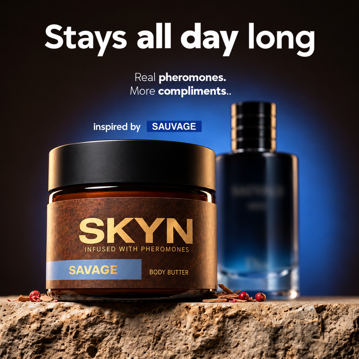 SKYN Savage pheromone body butter jar, inspired by Sauvage — scent stays all day