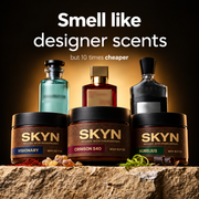 SKYN pheromone body butter jars in Visionary, Crimson 540 and Aurelius — smell like designer scents for less
