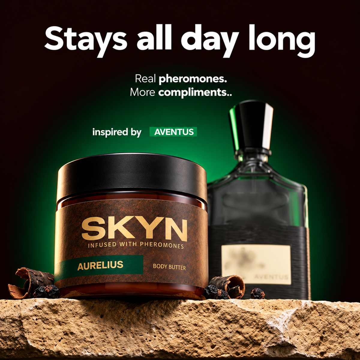 SKYN Aurelius pheromone body butter jar, inspired by Aventus — scent stays all day