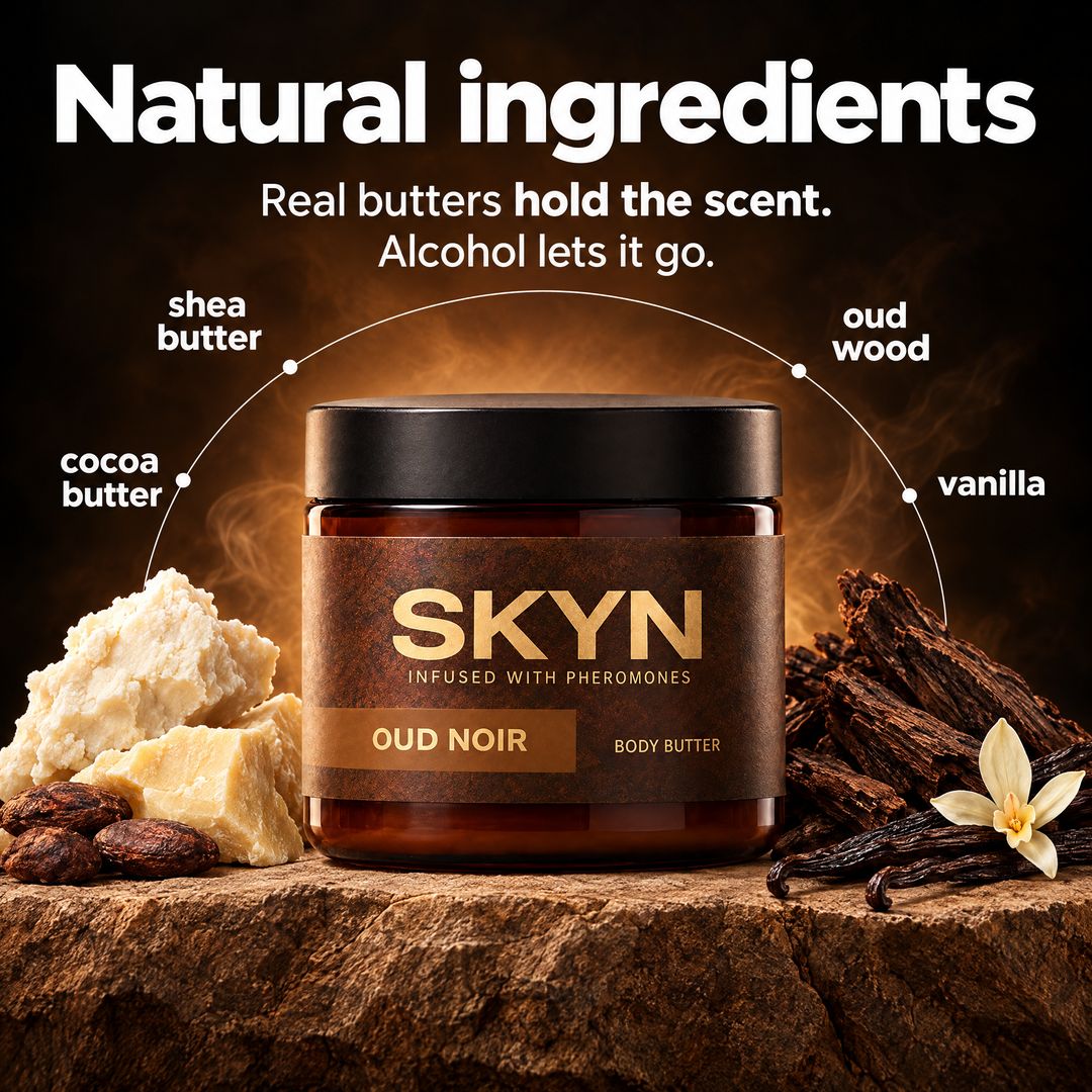 SKYN Oud Noir natural ingredients — shea butter, cocoa butter, oud wood, vanilla