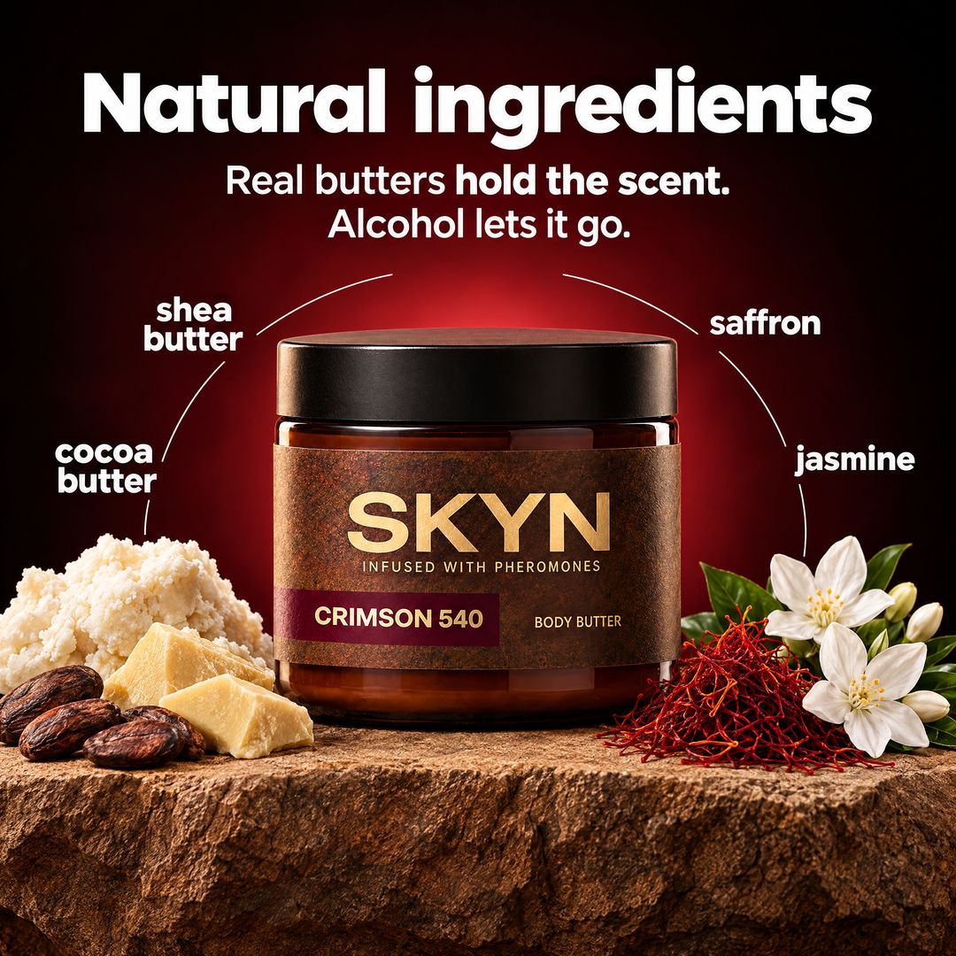 SKYN Crimson 540 natural ingredients — shea butter, cocoa butter, saffron, jasmine