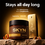 SKYN Golden pheromone body butter jar, inspired by 1 Million — scent stays all day