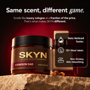 SKYN Crimson 540 body butter benefits — gets noticed faster, 12+ hour wear, non-greasy and skin-absorbing