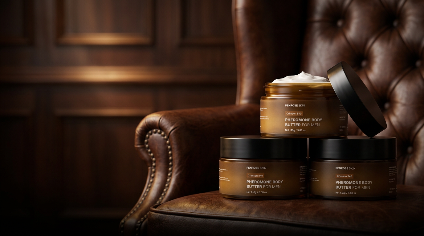 Three Penrose Skin pheromone body butter jars stacked on a leather armchair in warm light
