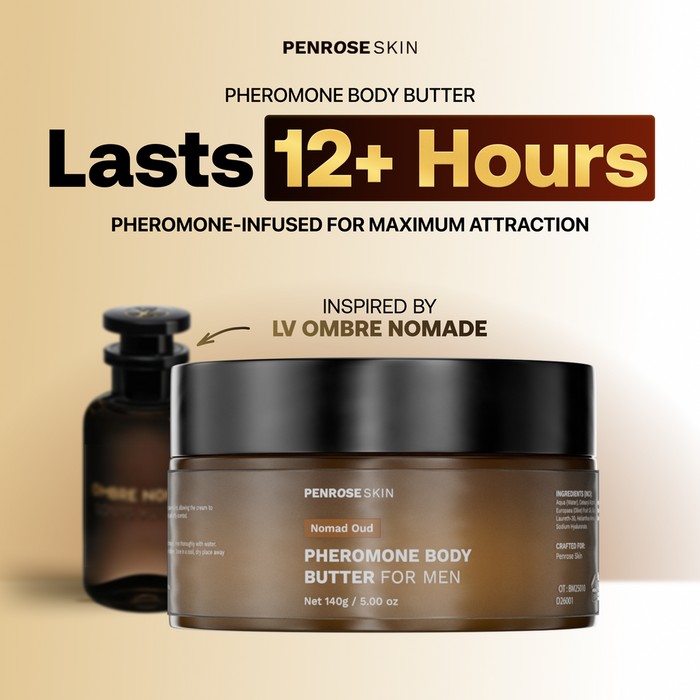 Nomad Oud pheromone body butter, inspired by Louis Vuitton Ombre Nomade — lasts 12+ hours