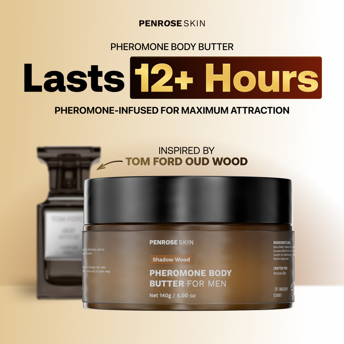 Shadow Wood pheromone body butter, inspired by Tom Ford Oud Wood — lasts 12+ hours