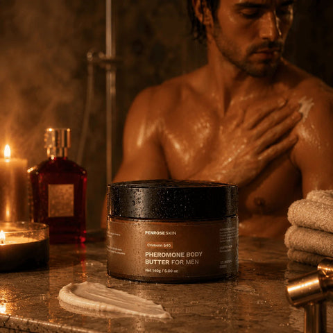 Man applying Penrose Skin body butter in warm bathroom light
