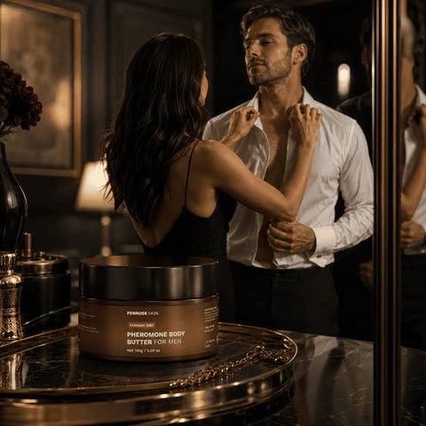 Couple close together in warm evening light beside a Penrose Skin body butter jar
